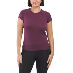 OISELLE Purple Run Flyout Short Sleeve Top